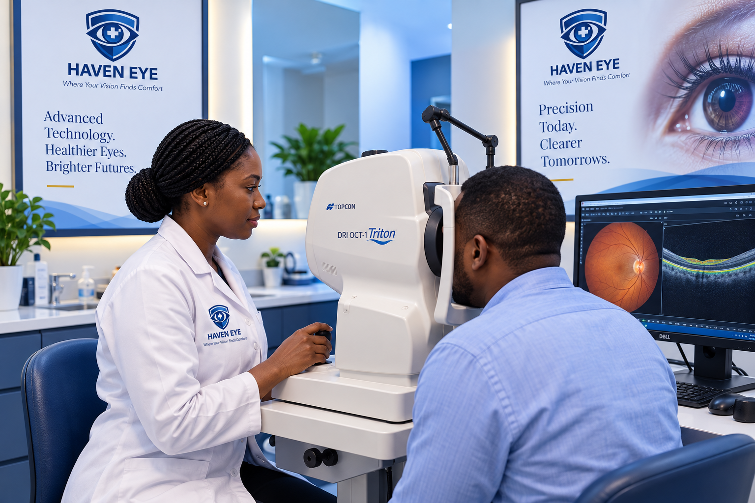 Clinician performing an OCT retinal scan for a patient at Haven Eye